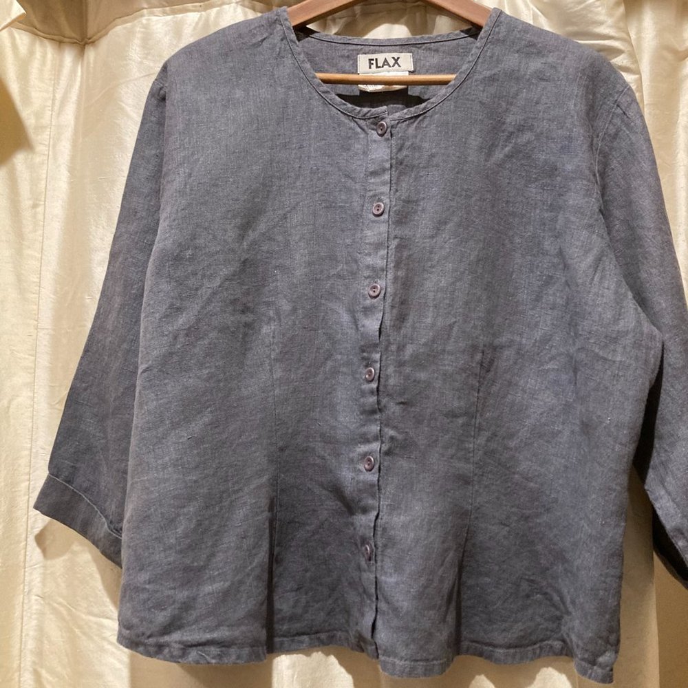 FLAX 100% Linen Large 3/4 sleeve button down top, periwinkle-grey.
